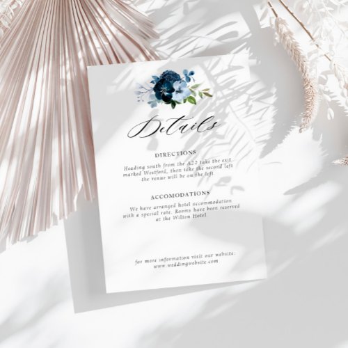 navy and light blue floral wedding details card