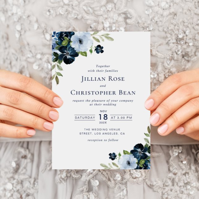 navy and light blue floral wedding invitation (Creator Uploaded)
