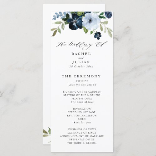 navy and light blue floral wedding program