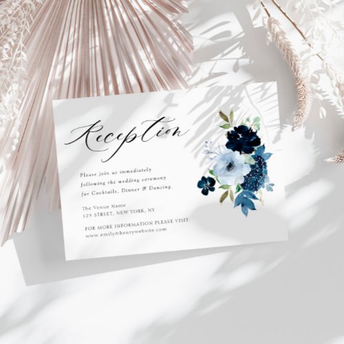 navy and light blue floral wedding reception card