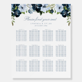 Navy and light blue floral wedding seating chart foam board