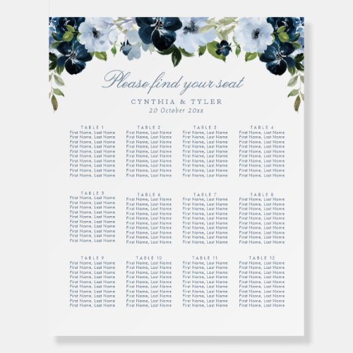 Navy and light blue floral wedding seating chart foam board