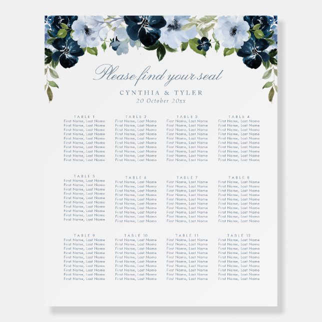 Navy and light blue floral wedding seating chart foam board (Front)