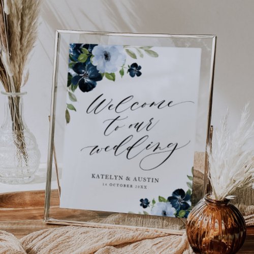 navy and light blue floral welcome wedding sign