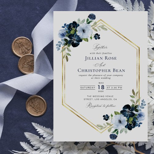 navy and light blue geometric wedding invitation