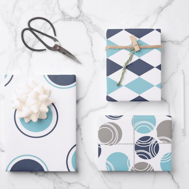 Navy and Light Blue on White Wrapping Paper Sheets (Front)