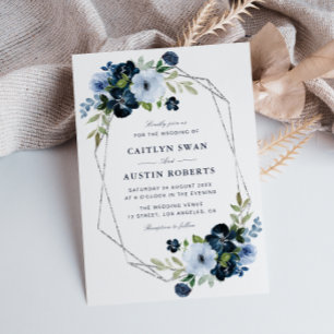 Navy and light blue silver geometric wedding invitation