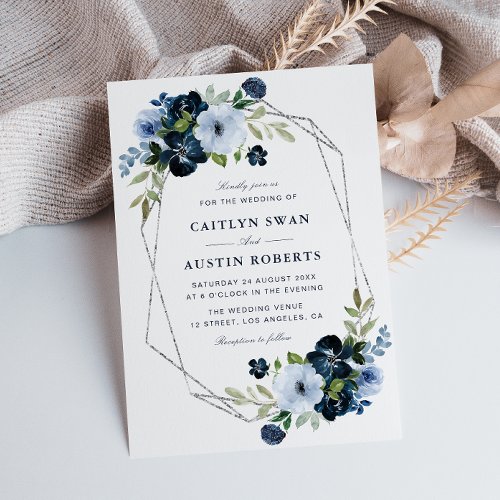 Navy and light blue silver geometric wedding invitation