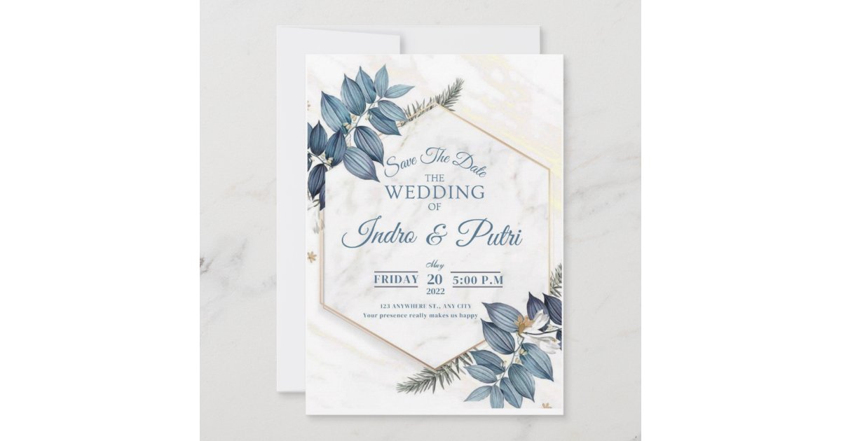 Navy and light blue watercolor floral all in one Invitation | Zazzle