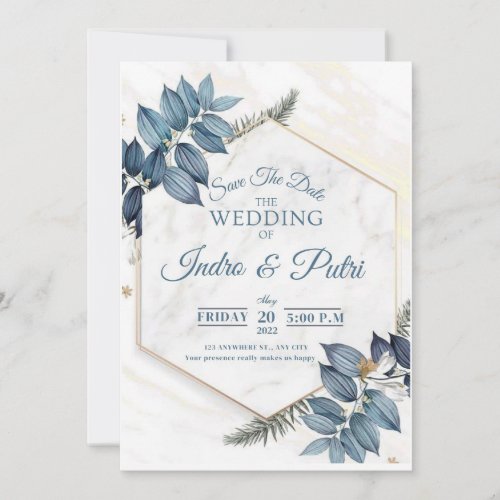  Navy and light blue watercolor floral all in one  Invitation