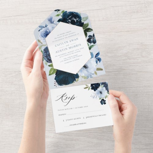 Navy and light blue watercolor floral wedding  all in one invitation