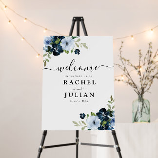 Navy and Light blue watercolor floral wedding sign