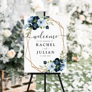 navy and light blue watercolor floral wedding sign