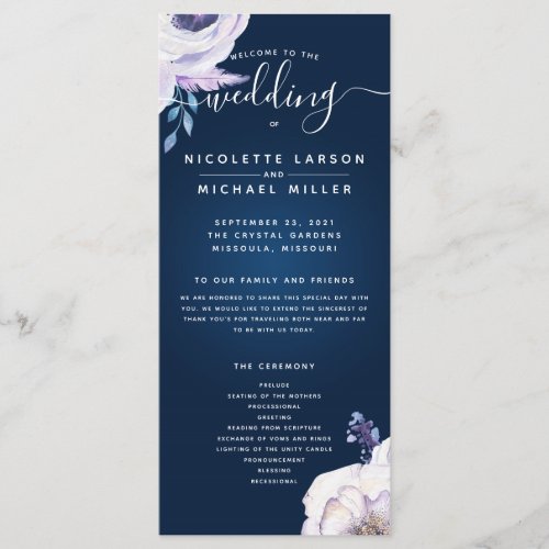 Navy and Lilac Rose Wedding Ceremony Program