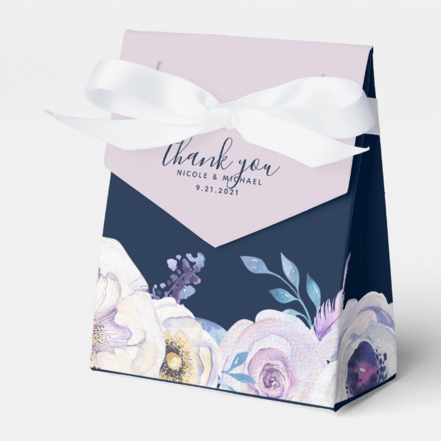 Navy and Lilac Rose Wedding Favor Boxes (Front Side)
