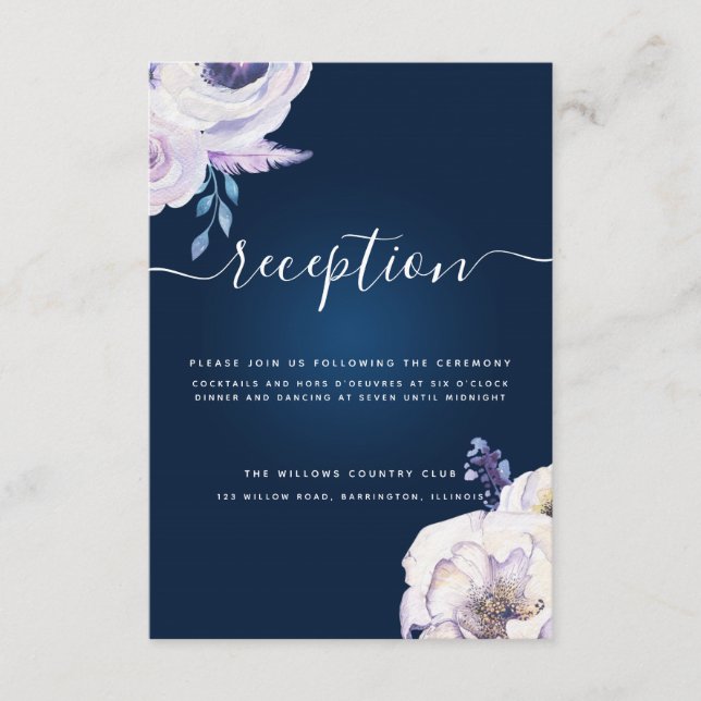 Navy and Lilac Rose Wedding Reception Enclosure Card (Front)