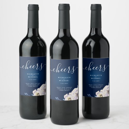 Navy and Lilac Rose Wedding Wine Label