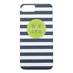 Navy and Lime Green Preppy Stripes Custom Monogram iPhone 8/7 Case