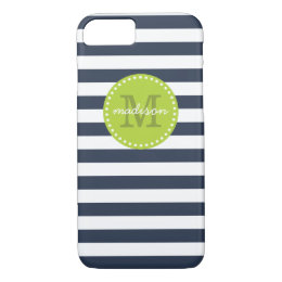 Navy and Lime Green Preppy Stripes Custom Monogram iPhone 8/7 Case