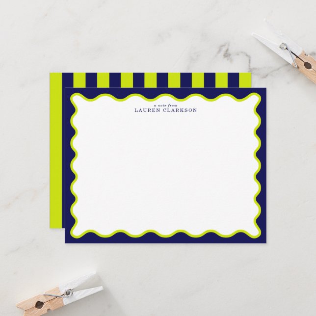 Navy and Lime Striped Back Wavy Frame Note Card (Front/Back In Situ)
