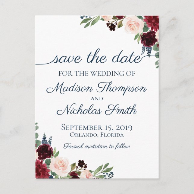 Navy and Marsala Floral Save the Date Postcards (Front)
