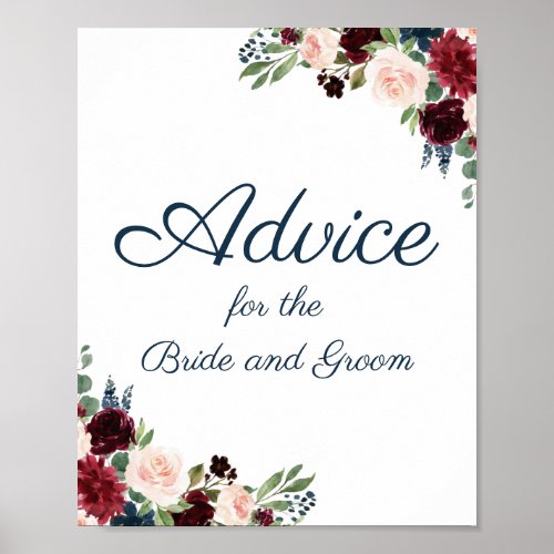 Navy and Marsala Floral Wedding Advice Sign Poster