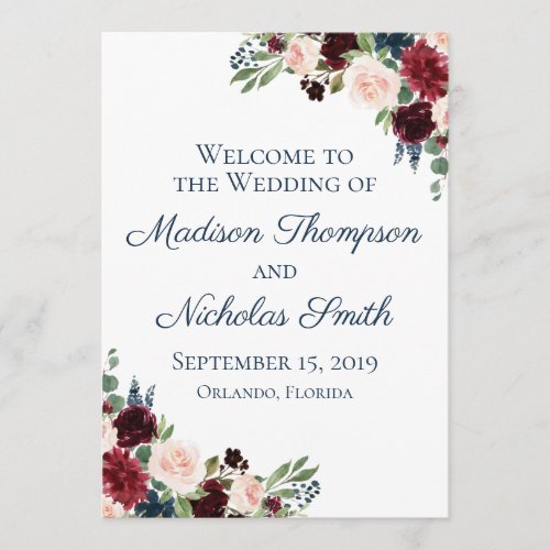 Navy and Marsala Floral Wedding Program Cards