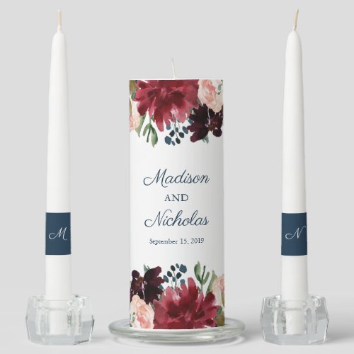 Navy and Marsala Floral Wedding Unity Candle Set