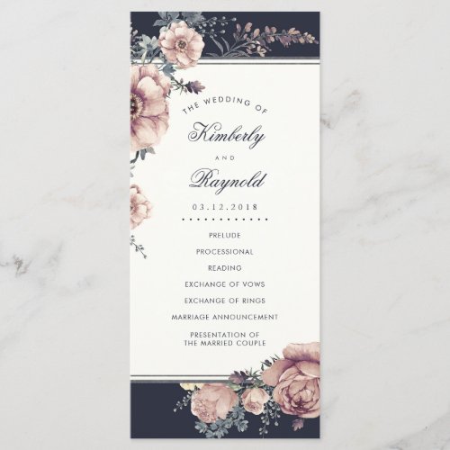 Navy and Mauve Floral Watercolor Wedding Programs