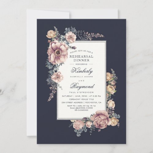 Navy and Mauve Vintage Floral Rehearsal Dinner Invitation