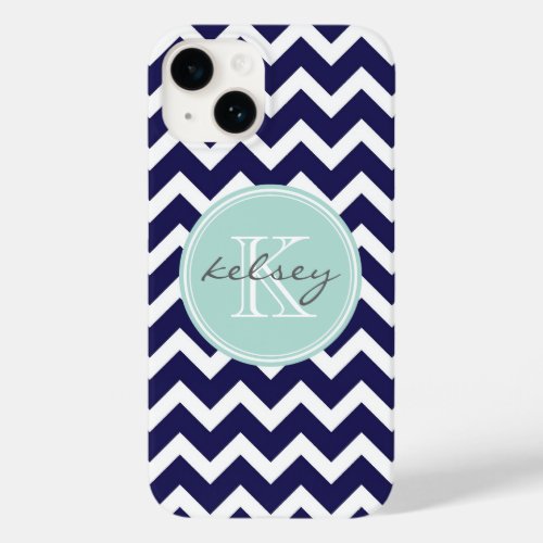 Navy and Mint Chevron Custom Monogram Case_Mate iPhone 14 Case