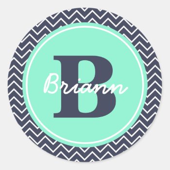 Navy And Mint Chevron  Initial  And Name Classic Round Sticker by Jmariegarza at Zazzle