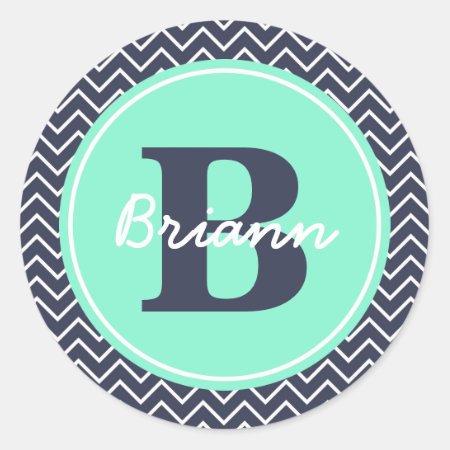 Navy And Mint Chevron, Initial, And Name Classic Round Sticker