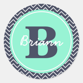Navy and Mint Chevron, Initial, and Name Classic Round Sticker