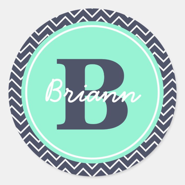 Navy and Mint Chevron, Initial, and Name Classic Round Sticker (Front)