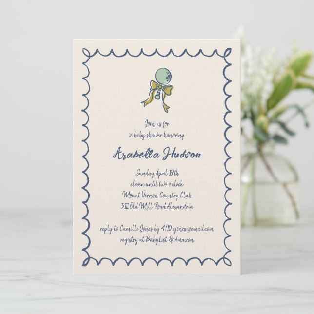 Navy and Mint Doodle Rattle and Bow Baby Shower Invitation (Standing Front)