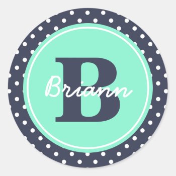 Navy And Mint Dots  Initial  And Name Classic Round Sticker by Jmariegarza at Zazzle