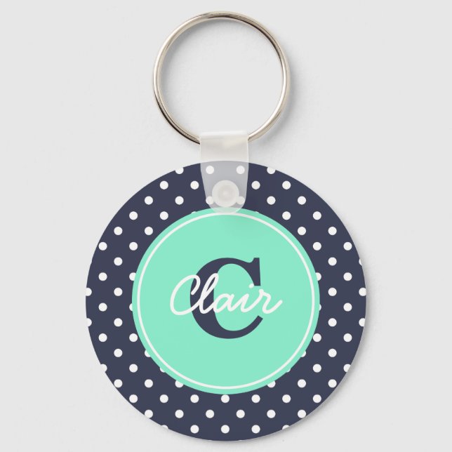 Navy and Mint Dots, Initial, and Name Keychain (Front)