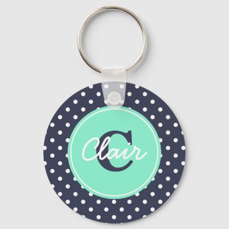 Navy And Mint Dots, Initial, And Name Keychain