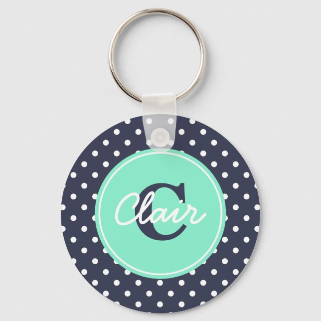 Navy and Mint Dots, Initial, and Name Keychain (Front)