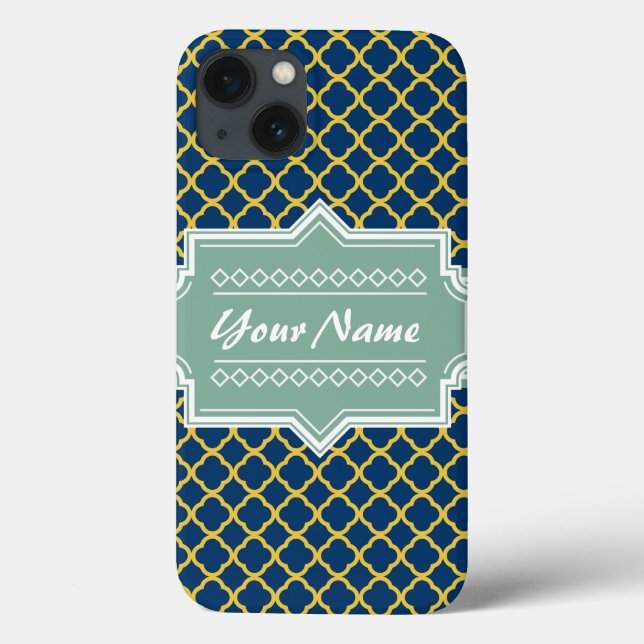 Navy and Mint Quatrefoil Personalized Case-Mate iPhone Case (Back)