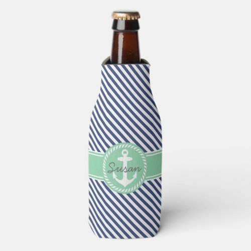 Custom Accessories 22 Navy And Mint Stripes Nautical Anchor Monogram Bottle Cooler