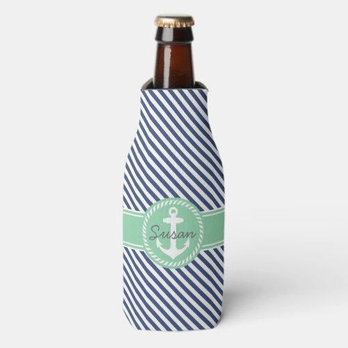 Navy And Mint Stripes Nautical Anchor Monogram Bottle Cooler