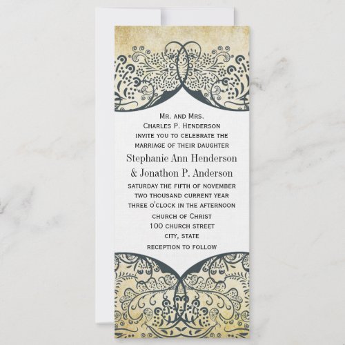 Navy and Mustard Love Bird Paisley Pattern Wedding Invitation