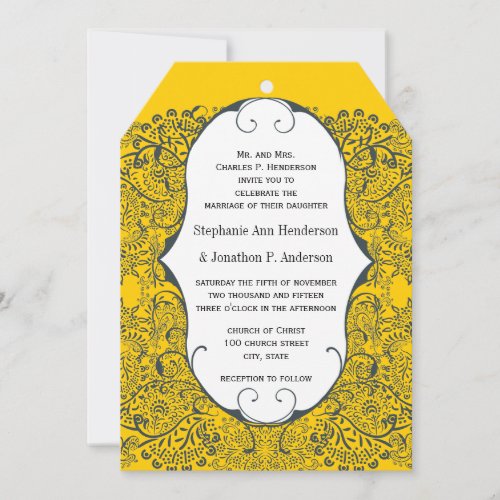 Navy and Mustard Peacock Love Bird Pattern Wedding Invitation