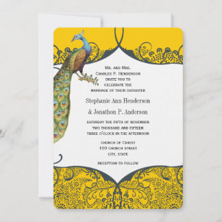 Navy and Mustard Peacock Love Bird Pattern Wedding Invitation