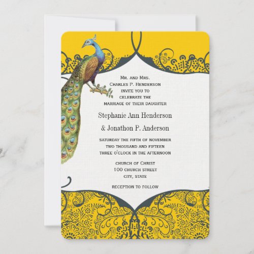 Navy and Mustard Peacock Love Bird Pattern Wedding Invitation