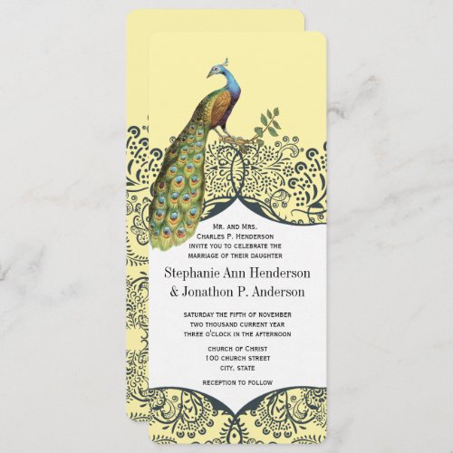 Navy and Mustard Peacock Love Bird Pattern Wedding Invitation