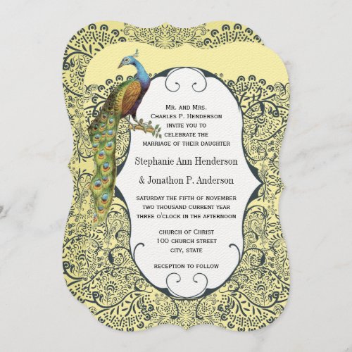 Navy and Mustard Peacock Love Bird Pattern Wedding Invitation