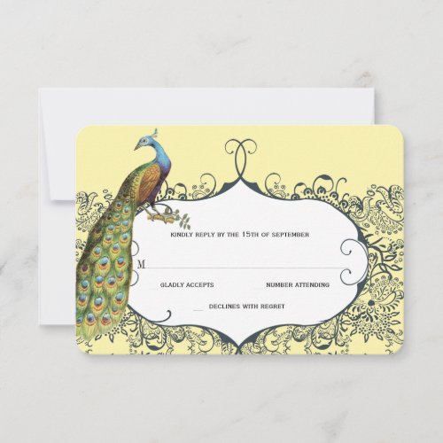 Navy and Mustard Peacock Love Bird Pattern Wedding RSVP Card
